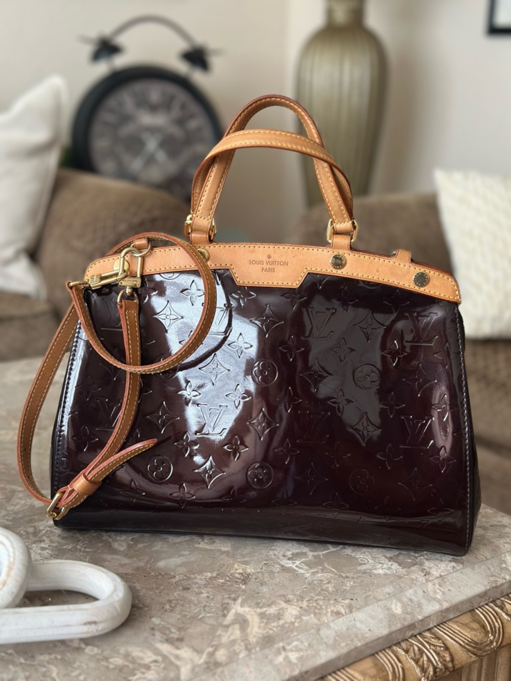 Louis Vuitton Vernis Alma Satchel in Deep Burgundy with Natural Vachetta